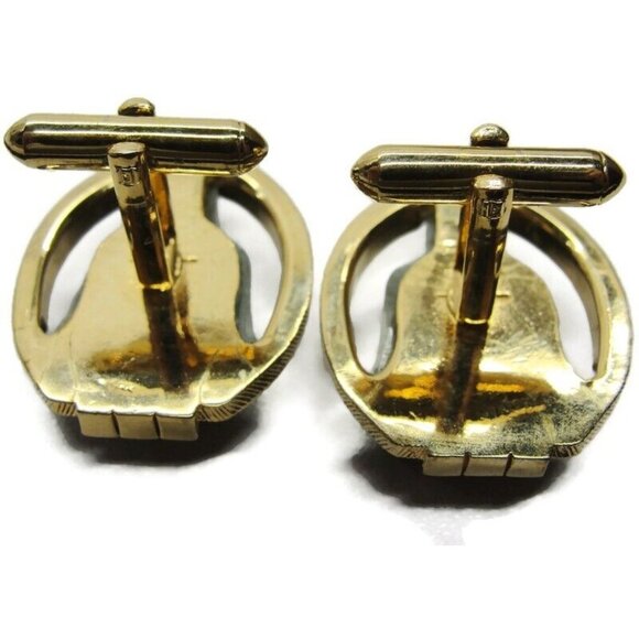 Swank Carved Buddha Green Jade Gold Tone Cufflinks Tux Suit Vintage - Picture 7 of 8